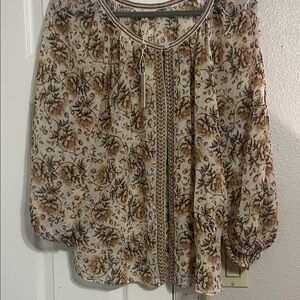 Max Studio Floral Sheer Blouse - Cream and Tan